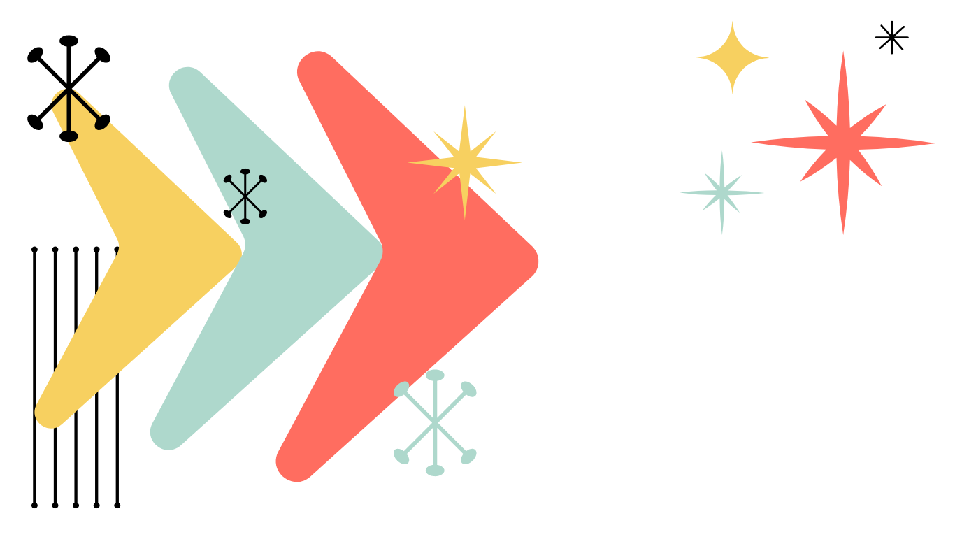 Retro style arrows and stars in coral, teal, and yelloe. 